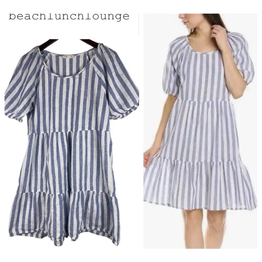 BEACHLUNCHLOUNGE Women’s Luca Blue A-Line Dress with Puff Sleeves Size M